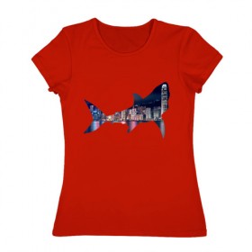 Женская футболка хлопок с принтом акула город в Кировске, 100% хлопок | прямой крой, круглый вырез горловины, длина до линии бедер, слегка спущенное плечо | 
