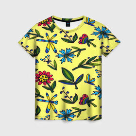 Женская футболка 3D с принтом Цветочки в Кировске, 100% полиэфир ( синтетическое хлопкоподобное полотно) | прямой крой, круглый вырез горловины, длина до линии бедер | желтый | паттерн | растительный