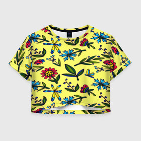 Женская футболка 3D укороченная с принтом Цветочки в Кировске, 100% полиэстер | круглая горловина, длина футболки до линии талии, рукава с отворотами | желтый | паттерн | растительный
