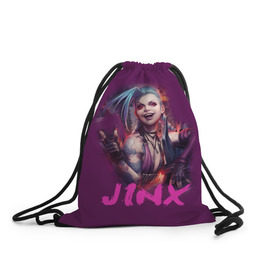 Рюкзак-мешок 3D с принтом Jinx в Кировске, 100% полиэстер | плотность ткани — 200 г/м2, размер — 35 х 45 см; лямки — толстые шнурки, застежка на шнуровке, без карманов и подкладки | Тематика изображения на принте: l.o.l | league of legends | игры | лига легенд | лол