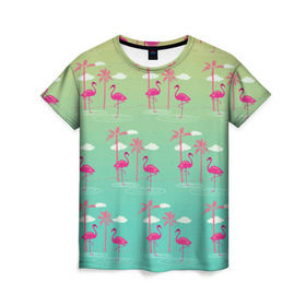 Женская футболка 3D с принтом Фламинго и пальмы в Кировске, 100% полиэфир ( синтетическое хлопкоподобное полотно) | прямой крой, круглый вырез горловины, длина до линии бедер | Тематика изображения на принте: животные | мозаика | пальмы | птицы | тропики | узор | фауна | фламинго