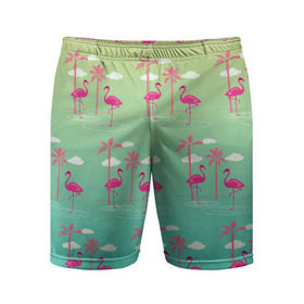 Мужские шорты 3D спортивные с принтом Фламинго и пальмы в Кировске,  |  | Тематика изображения на принте: животные | мозаика | пальмы | птицы | тропики | узор | фауна | фламинго