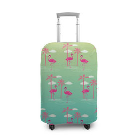 Чехол для чемодана 3D с принтом Фламинго и пальмы в Кировске, 86% полиэфир, 14% спандекс | двустороннее нанесение принта, прорези для ручек и колес | животные | мозаика | пальмы | птицы | тропики | узор | фауна | фламинго