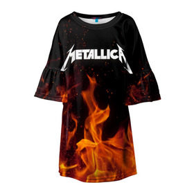 Детское платье 3D с принтом Metallica fire в Кировске, 100% полиэстер | прямой силуэт, чуть расширенный к низу. Круглая горловина, на рукавах — воланы | Тематика изображения на принте: металлика