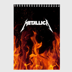 Скетчбук с принтом Metallica fire в Кировске, 100% бумага
 | 48 листов, плотность листов — 100 г/м2, плотность картонной обложки — 250 г/м2. Листы скреплены сверху удобной пружинной спиралью | Тематика изображения на принте: металлика