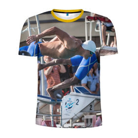 Мужская футболка 3D спортивная с принтом Swimmer в Кировске, 100% полиэстер с улучшенными характеристиками | приталенный силуэт, круглая горловина, широкие плечи, сужается к линии бедра | плавание | пловец. прыжок