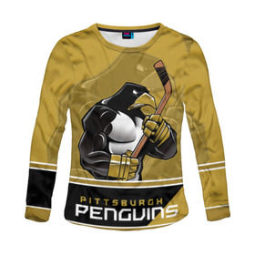 Женский лонгслив 3D с принтом Pittsburgh Penguins в Кировске, 100% полиэстер | длинные рукава, круглый вырез горловины, полуприлегающий силуэт | nhl | pittsburgh penguins | stanley cup | кросби | кубок стенли | кубок стэнли | малкин | нхл | пингвинс | питтсбург пингвинз | сидни кросби | хоккей | хоккейный клуб
