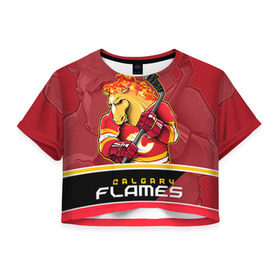 Женская футболка 3D укороченная с принтом Calgary Flames в Кировске, 100% полиэстер | круглая горловина, длина футболки до линии талии, рукава с отворотами | calgary flames | nhl | stanley cup | калгари флэймз | кубок стенли | кубок стэнли | нхл | флэймс | хоккей | хоккейный клуб