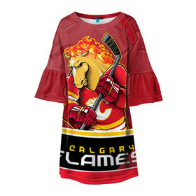 Детское платье 3D с принтом Calgary Flames в Кировске, 100% полиэстер | прямой силуэт, чуть расширенный к низу. Круглая горловина, на рукавах — воланы | Тематика изображения на принте: calgary flames | nhl | stanley cup | калгари флэймз | кубок стенли | кубок стэнли | нхл | флэймс | хоккей | хоккейный клуб