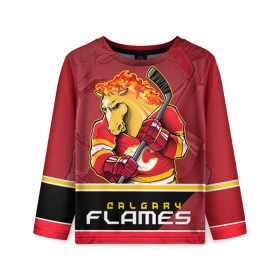 Детский лонгслив 3D с принтом Calgary Flames в Кировске, 100% полиэстер | длинные рукава, круглый вырез горловины, полуприлегающий силуэт
 | Тематика изображения на принте: calgary flames | nhl | stanley cup | калгари флэймз | кубок стенли | кубок стэнли | нхл | флэймс | хоккей | хоккейный клуб