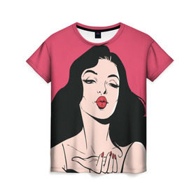 Женская футболка 3D с принтом Воздушный поцелуй в Кировске, 100% полиэфир ( синтетическое хлопкоподобное полотно) | прямой крой, круглый вырез горловины, длина до линии бедер | брюнетка | о.м.с.к. | поп арт | поцелуй