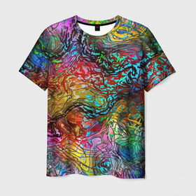 Мужская футболка 3D с принтом Буйство красок в Кировске, 100% полиэфир | прямой крой, круглый вырез горловины, длина до линии бедер | Тематика изображения на принте: краски | линии | мозаика | орнамент | узор | цвет