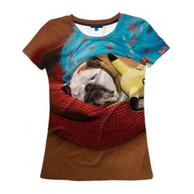 Женская футболка 3D с принтом Bulldog 11 в Кировске, 100% полиэфир ( синтетическое хлопкоподобное полотно) | прямой крой, круглый вырез горловины, длина до линии бедер | bulldog blogger | tecuaniventura | блоггер | бульдог | бульдог блоггер | животные | карамелька | собаки