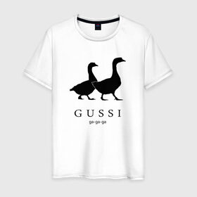 Мужская футболка хлопок с принтом GUSSI в Кировске, 100% хлопок | прямой крой, круглый вырез горловины, длина до линии бедер, слегка спущенное плечо. | gucci | gussi | антибренд | бренд | гуси | гучи | пародии