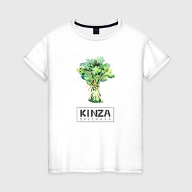 Женская футболка хлопок с принтом KINZA в Кировске, 100% хлопок | прямой крой, круглый вырез горловины, длина до линии бедер, слегка спущенное плечо | kenzo | kinza | антибренд | бренд | кензо | кинза | пародии