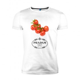 Мужская футболка премиум с принтом PRADAM в Кировске, 92% хлопок, 8% лайкра | приталенный силуэт, круглый вырез ворота, длина до линии бедра, короткий рукав | prada | pradam | антибренд | бренд | пародии | прада | прадам