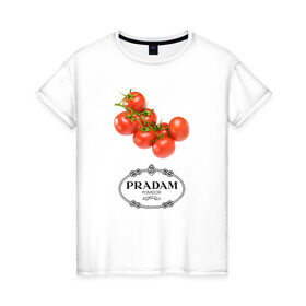 Женская футболка хлопок с принтом PRADAM в Кировске, 100% хлопок | прямой крой, круглый вырез горловины, длина до линии бедер, слегка спущенное плечо | prada | pradam | антибренд | бренд | пародии | прада | прадам