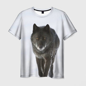Мужская футболка 3D с принтом Черный волк в Кировске, 100% полиэфир | прямой крой, круглый вырез горловины, длина до линии бедер | дикий | зима