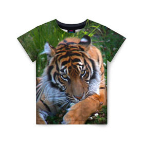 Детская футболка 3D с принтом Скромный тигр в Кировске, 100% гипоаллергенный полиэфир | прямой крой, круглый вырез горловины, длина до линии бедер, чуть спущенное плечо, ткань немного тянется | Тематика изображения на принте: дикие | лев | милые | новинки | орел | популярные | прикольные | природа | птицы | тигр | яркие