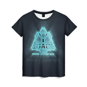 Женская футболка 3D с принтом Union Aerospace corporation в Кировске, 100% полиэфир ( синтетическое хлопкоподобное полотно) | прямой крой, круглый вырез горловины, длина до линии бедер | doom | uac | дум | космос