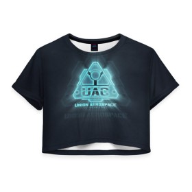 Женская футболка 3D укороченная с принтом Union Aerospace corporation в Кировске, 100% полиэстер | круглая горловина, длина футболки до линии талии, рукава с отворотами | doom | uac | дум | космос