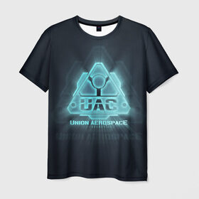 Мужская футболка 3D с принтом Union Aerospace corporation в Кировске, 100% полиэфир | прямой крой, круглый вырез горловины, длина до линии бедер | doom | uac | дум | космос