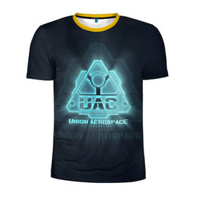 Мужская футболка 3D спортивная с принтом Union Aerospace corporation в Кировске, 100% полиэстер с улучшенными характеристиками | приталенный силуэт, круглая горловина, широкие плечи, сужается к линии бедра | Тематика изображения на принте: doom | uac | дум | космос