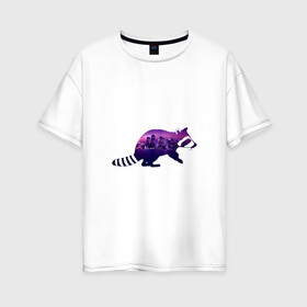 Женская футболка хлопок Oversize с принтом енот город в Кировске, 100% хлопок | свободный крой, круглый ворот, спущенный рукав, длина до линии бедер
 | вода | город | енот | залив | здания | огни | розовый | фиолетовый