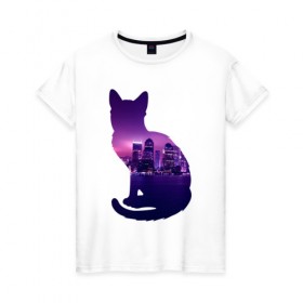 Женская футболка хлопок с принтом кошка город в Кировске, 100% хлопок | прямой крой, круглый вырез горловины, длина до линии бедер, слегка спущенное плечо | вода | город | залив | здания | киса | кот | кошка | огни | розовый | фиолетовый
