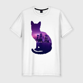 Мужская футболка премиум с принтом кошка город в Кировске, 92% хлопок, 8% лайкра | приталенный силуэт, круглый вырез ворота, длина до линии бедра, короткий рукав | вода | город | залив | здания | киса | кот | кошка | огни | розовый | фиолетовый