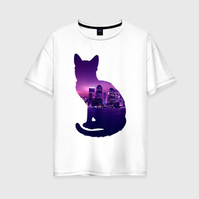 Женская футболка хлопок Oversize с принтом кошка город в Кировске, 100% хлопок | свободный крой, круглый ворот, спущенный рукав, длина до линии бедер
 | вода | город | залив | здания | киса | кот | кошка | огни | розовый | фиолетовый