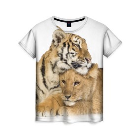 Женская футболка 3D с принтом Тигр и львица в Кировске, 100% полиэфир ( синтетическое хлопкоподобное полотно) | прямой крой, круглый вырез горловины, длина до линии бедер | дикие | милые | природа | тигр | яркие