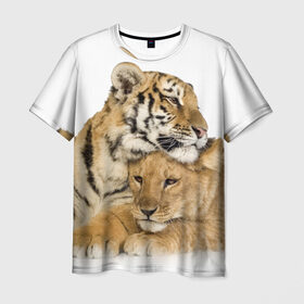 Мужская футболка 3D с принтом Тигр и львица в Кировске, 100% полиэфир | прямой крой, круглый вырез горловины, длина до линии бедер | дикие | милые | природа | тигр | яркие