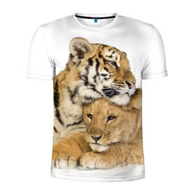 Мужская футболка 3D спортивная с принтом Тигр и львица в Кировске, 100% полиэстер с улучшенными характеристиками | приталенный силуэт, круглая горловина, широкие плечи, сужается к линии бедра | дикие | милые | природа | тигр | яркие