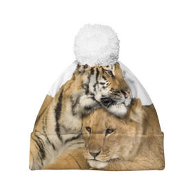 Шапка 3D c помпоном с принтом Тигр и львица в Кировске, 100% полиэстер | универсальный размер, печать по всей поверхности изделия | дикие | милые | природа | тигр | яркие