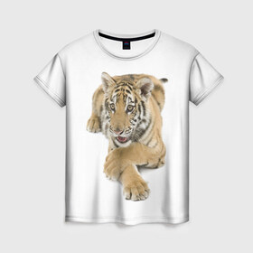 Женская футболка 3D с принтом Ласковый тигренок в Кировске, 100% полиэфир ( синтетическое хлопкоподобное полотно) | прямой крой, круглый вырез горловины, длина до линии бедер | дикие | милые | природа | тигр | яркие