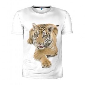 Мужская футболка 3D спортивная с принтом Ласковый тигренок в Кировске, 100% полиэстер с улучшенными характеристиками | приталенный силуэт, круглая горловина, широкие плечи, сужается к линии бедра | Тематика изображения на принте: дикие | милые | природа | тигр | яркие