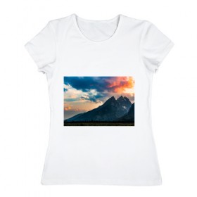 Женская футболка хлопок с принтом Закат в природе в Кировске, 100% хлопок | прямой крой, круглый вырез горловины, длина до линии бедер, слегка спущенное плечо | 3д | гора | закат | национальный парк | природа