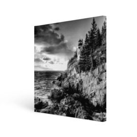 Холст квадратный с принтом Маяк в Кировске, 100% ПВХ |  | black   white | forest | lighthouse | photo | rocks | sea | shore | spruce | sunset | waves | берег | волны | ельник | закат | камни | лес | маяк | море