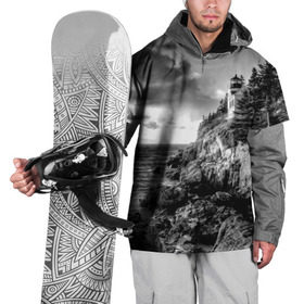 Накидка на куртку 3D с принтом Маяк в Кировске, 100% полиэстер |  | black   white | forest | lighthouse | photo | rocks | sea | shore | spruce | sunset | waves | берег | волны | ельник | закат | камни | лес | маяк | море