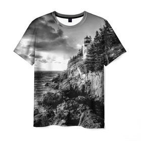 Мужская футболка 3D с принтом Маяк в Кировске, 100% полиэфир | прямой крой, круглый вырез горловины, длина до линии бедер | black   white | forest | lighthouse | photo | rocks | sea | shore | spruce | sunset | waves | берег | волны | ельник | закат | камни | лес | маяк | море