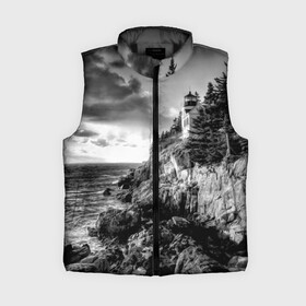 Женский жилет утепленный 3D с принтом Маяк в Кировске,  |  | black   white | forest | lighthouse | photo | rocks | sea | shore | spruce | sunset | waves | берег | волны | ельник | закат | камни | лес | маяк | море