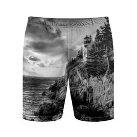 Мужские шорты 3D спортивные с принтом Маяк в Кировске,  |  | black   white | forest | lighthouse | photo | rocks | sea | shore | spruce | sunset | waves | берег | волны | ельник | закат | камни | лес | маяк | море