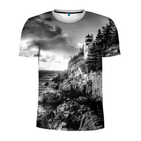 Мужская футболка 3D спортивная с принтом Маяк в Кировске, 100% полиэстер с улучшенными характеристиками | приталенный силуэт, круглая горловина, широкие плечи, сужается к линии бедра | Тематика изображения на принте: black   white | forest | lighthouse | photo | rocks | sea | shore | spruce | sunset | waves | берег | волны | ельник | закат | камни | лес | маяк | море