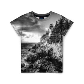 Детская футболка 3D с принтом Маяк в Кировске, 100% гипоаллергенный полиэфир | прямой крой, круглый вырез горловины, длина до линии бедер, чуть спущенное плечо, ткань немного тянется | Тематика изображения на принте: black   white | forest | lighthouse | photo | rocks | sea | shore | spruce | sunset | waves | берег | волны | ельник | закат | камни | лес | маяк | море