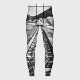 Мужские тайтсы 3D с принтом Железная дорога в Кировске,  |  | black   white | landscape | mountains | photo | rail | rails | road | sky | sleepers | trees | горы | деревья | дорога | железная | небо | пейзаж | рельсы | фото | черно   белое | шпалы