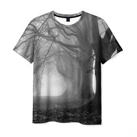 Мужская футболка 3D с принтом Туман в лесу в Кировске, 100% полиэфир | прямой крой, круглый вырез горловины, длина до линии бедер | Тематика изображения на принте: black   white | fog | forest | morning | photo | silhouette | trees | деревья | лес | силуэт | туман | утро | фото | черно   белое