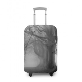 Чехол для чемодана 3D с принтом Туман в лесу в Кировске, 86% полиэфир, 14% спандекс | двустороннее нанесение принта, прорези для ручек и колес | black   white | fog | forest | morning | photo | silhouette | trees | деревья | лес | силуэт | туман | утро | фото | черно   белое