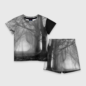 Детский костюм с шортами 3D с принтом Туман в лесу в Кировске,  |  | Тематика изображения на принте: black   white | fog | forest | morning | photo | silhouette | trees | деревья | лес | силуэт | туман | утро | фото | черно   белое