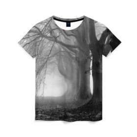 Женская футболка 3D с принтом Туман в лесу в Кировске, 100% полиэфир ( синтетическое хлопкоподобное полотно) | прямой крой, круглый вырез горловины, длина до линии бедер | black   white | fog | forest | morning | photo | silhouette | trees | деревья | лес | силуэт | туман | утро | фото | черно   белое